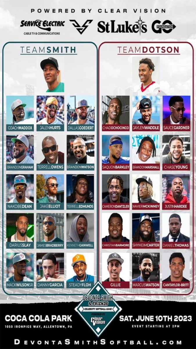 Roster for DeVonta Smith's second annual celebrtiy softball game to be held on June 10 at Coca Cola Park in Allentown